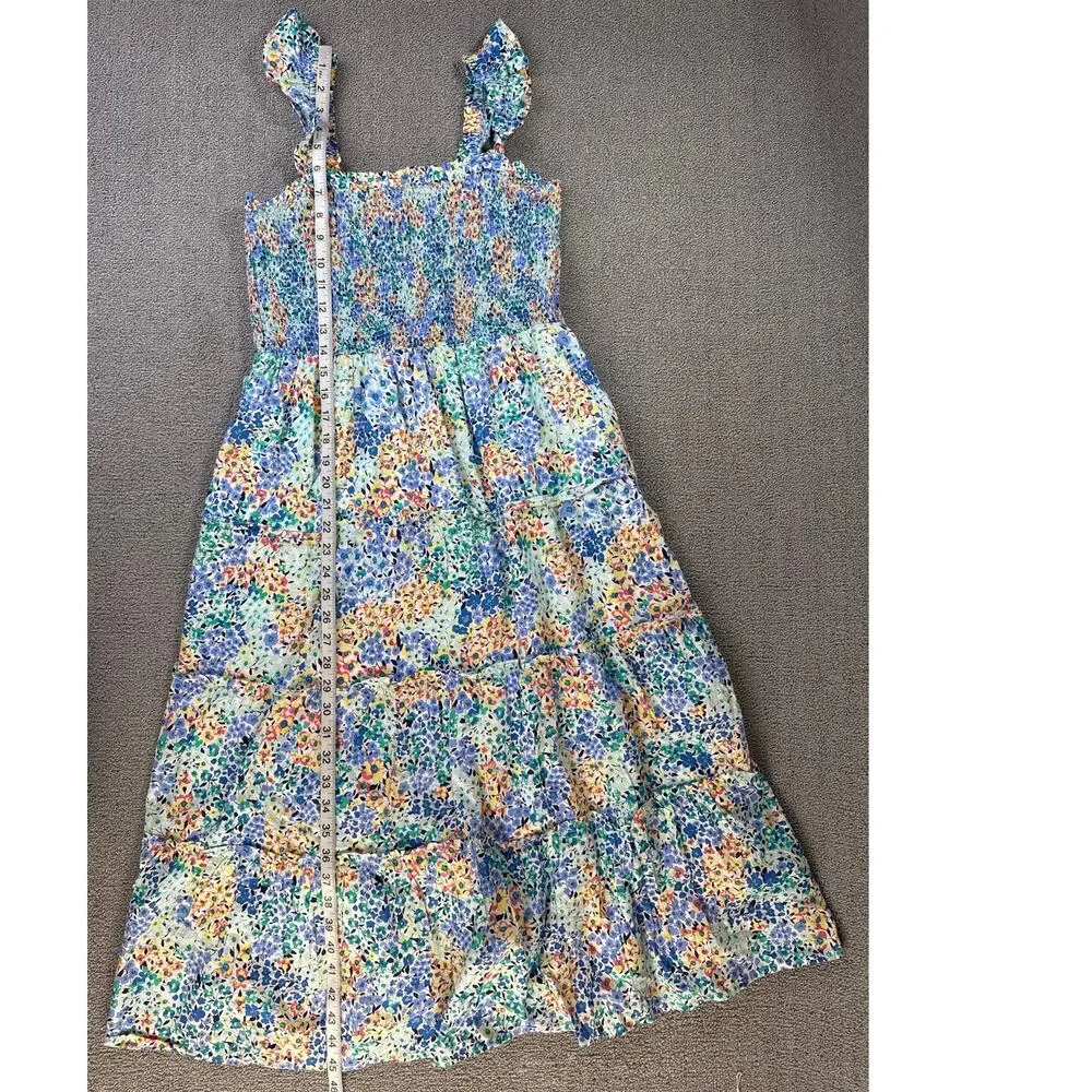 J. Crew Dress Floral Cotton Smocked Midi Tiered Multicolor Size Medium - Picture 9 of 10
